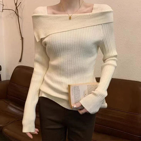 Solid Sexy Slim Off Shoulder Slash Neck Sweater Women Jumpers